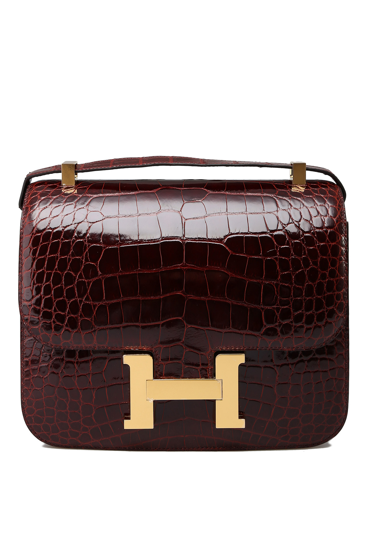 Hermès Constance 24 Verso Shiny Black Alligator and Rouge H with Gold Hardware