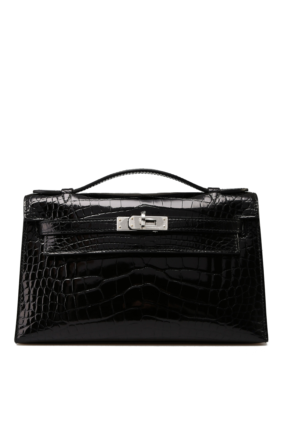 Hermes Kelly Pochette Bag Matte Black Crocodile Clutch Palladium