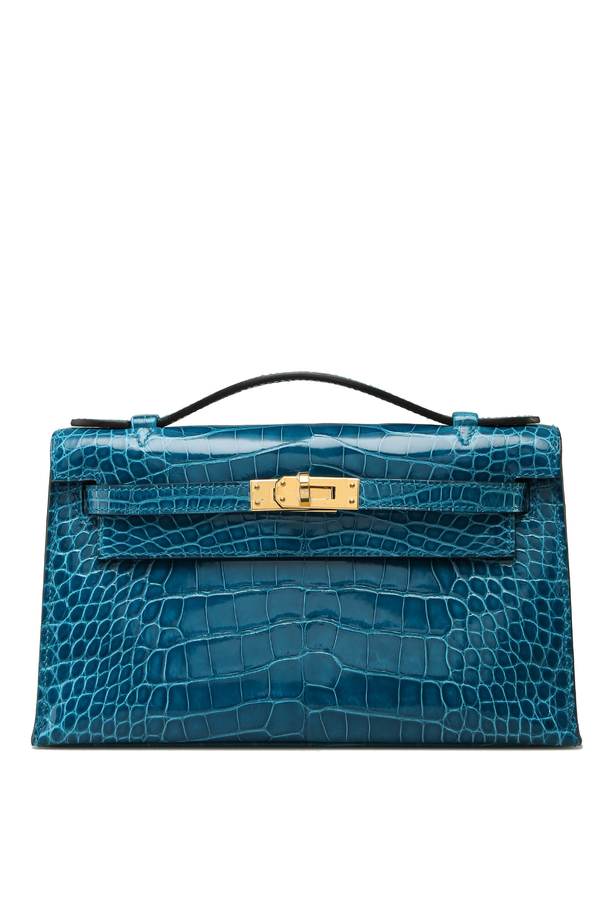 Hermes Kelly Pochette Bleu Mykonos Alligator Lisse Shiny Gold Hardware #D -  Vendome Monte Carlo