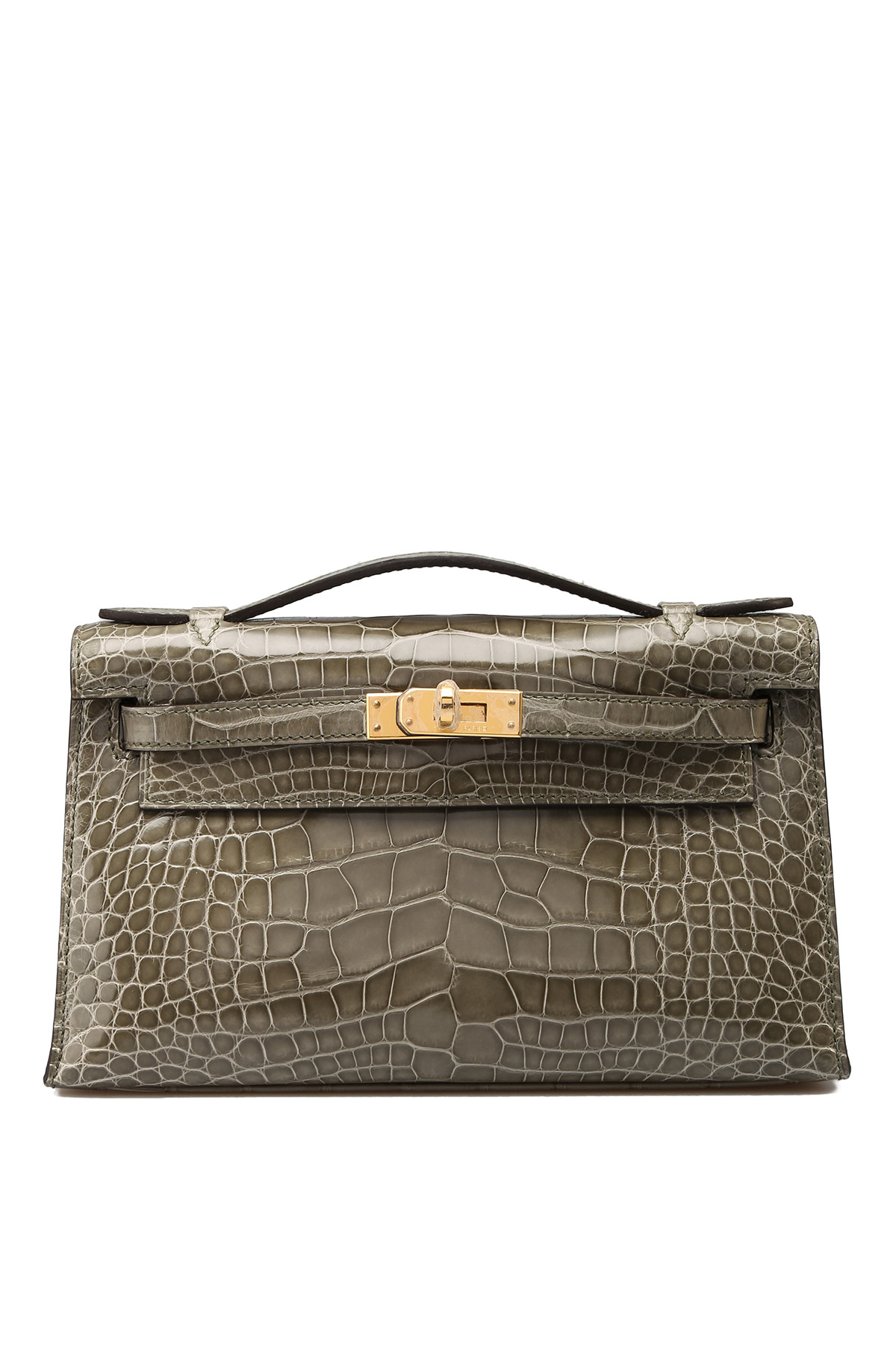 Gris Tourterelle Kelly Pochette in Ostrich Leather with Gold
