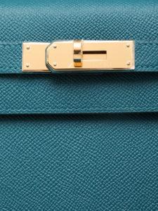 Hermes Kelly bag 28 Retourne Vert bosphore Clemence leather Gold hardware