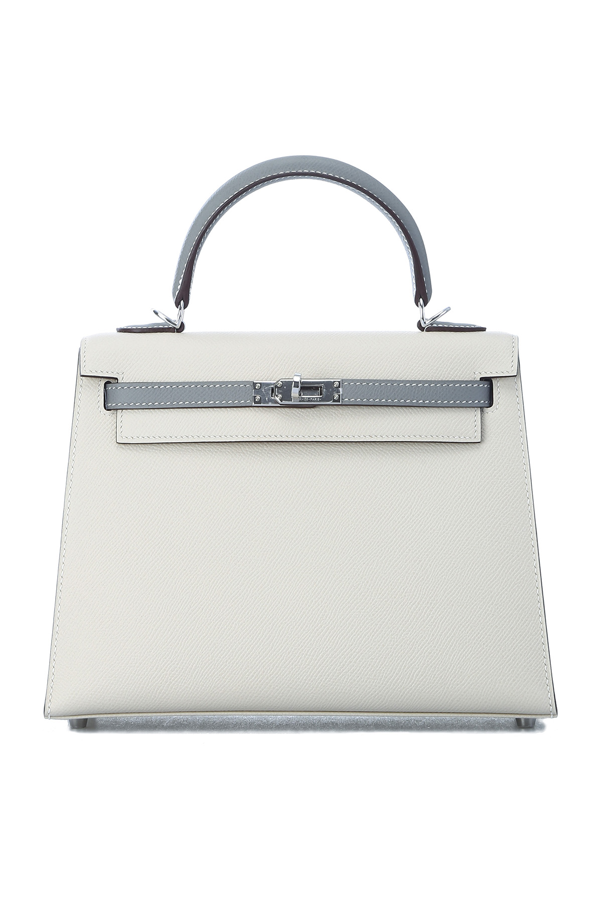 Hermès Kelly 25 Sellier Chalk Craie & Seagull Grey Gris Mouette Epsom with  Palladium Hardware