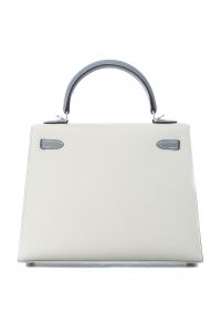 Hermes Special Order (HSS) Kelly Sellier 25 Craie and Gris Mouette Epsom Brushed Palladium Hardware Grey/Ivory Madison Avenue Couture