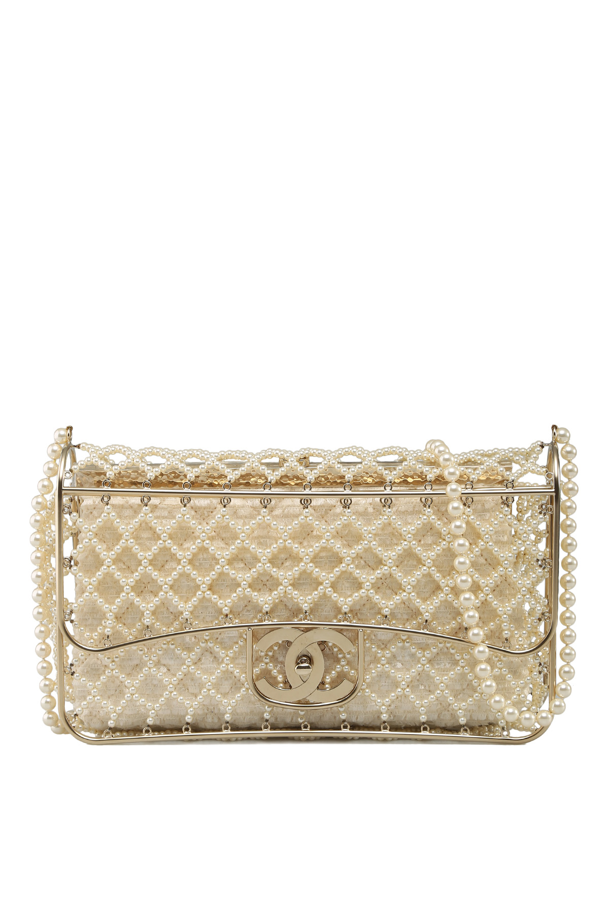 Chanel Pearl Classic Flap Bag in Ivory Faux Pearls, Silk with Pale  Gold-Tone Hardware